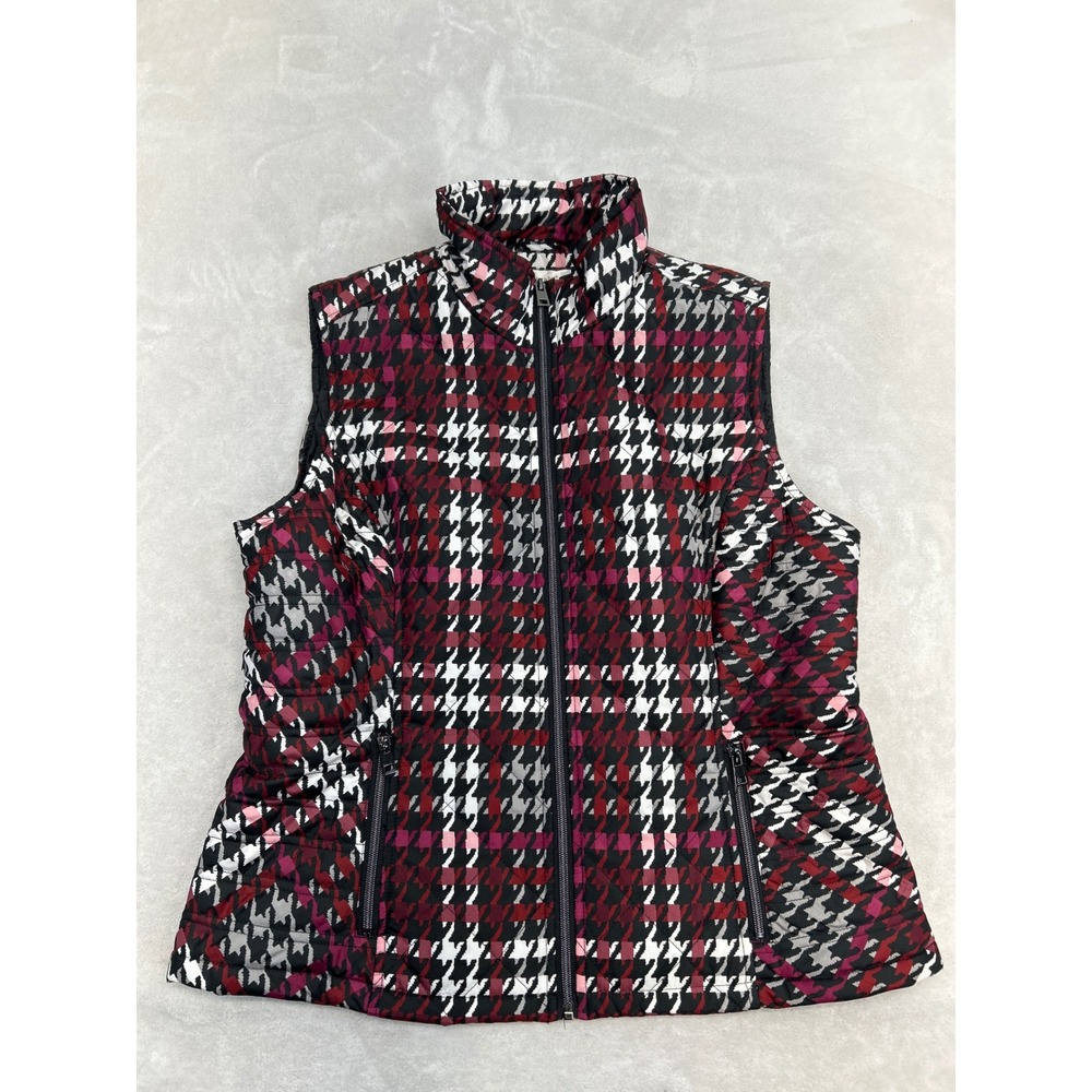 Christopher & Banks Puffer Vest Womens L Red Houndstooth Quilted Zip Up Vest
